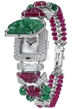 Cartier High Jewelry Watch TUTTI TA PROHM Quartz, white gold set with emeralds, diamonds, and rubies