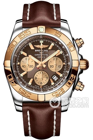 Breitling mechanical chronograph watch with stainless steel and 18K rose gold case, metallic brown dial, and Barenia leather strap. Automatic machinery, 24k rose gold, 44mm (discontinued)