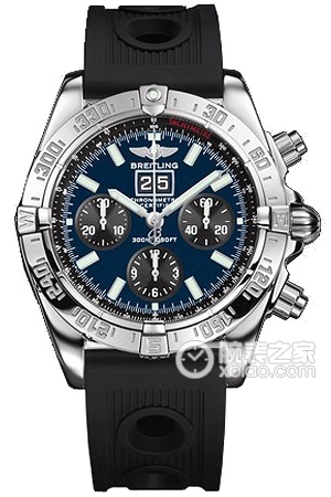 Breitling mechanical chronograph with stainless steel case, black and blue dial, and Ocean Racer rubber strap. Automatic machinery, high-quality steel, 43.7mm (Discontinued)