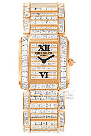 Patek Philippe Twenty ~44908/101R-001 Quartz, 18k rose gold set with diamonds, featuring 24 trapezoidal diamonds, 2.24 x 27.75 mm (discontinued).