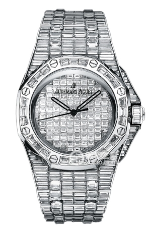 Audemars Piguet Royal Oak Offshore 15130BC.ZZ.8042BC.01 Automatic mechanical design, 18k white gold, pavé-set with baguette-cut diamonds, 474 baguette-cut diamonds, total weight approximately 47.42mm (discontinued).