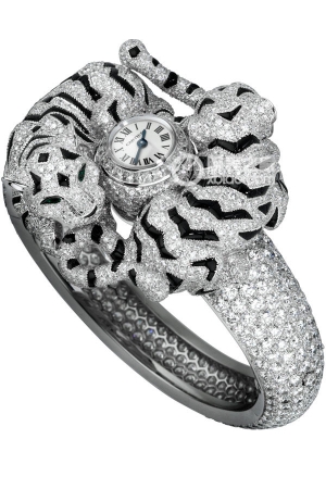 Cartier Creative Gemstone Watch HPI00235 Quartz, 18k white gold set with diamonds, featuring 42 princess-cut diamonds and 161 brilliant-cut round diamonds, totaling 34.