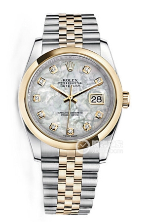 Rolex Datejust 116203 with mother-of-pearl dial, diamond hour markers, and commemorative bracelet. Automatic machinery, stainless steel, 36mm
