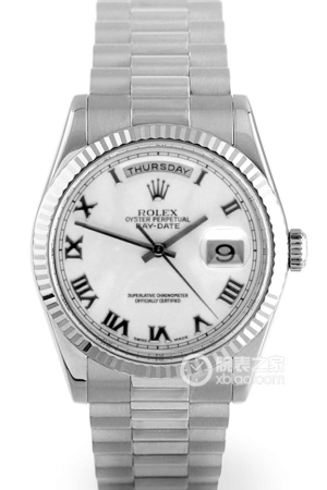 Rolex Day-Date 118239 White Roman Dial Automatic mechanical movement, 18k white gold, triangular fluted outer ring, 36mm