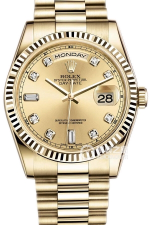 Rolex Day-Date 118238 Champagne Diamond Dial Automatic mechanical movement, 18k gold, triangular fluted outer ring, 36mm