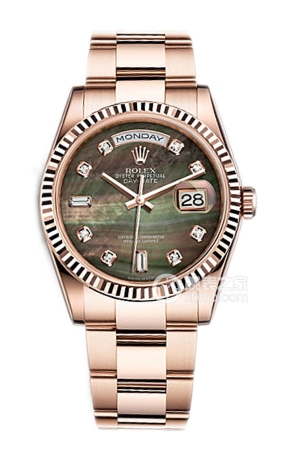 Rolex Day-Date 118235, black mother-of-pearl dial with diamonds and Oyster bracelet. Automatic mechanical, 18k rose gold, 36mm