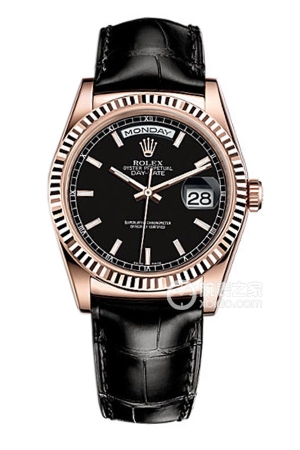 Rolex Day-Date 118135 with black dial and black strap Automatic mechanical, 18K rose gold, 36mm