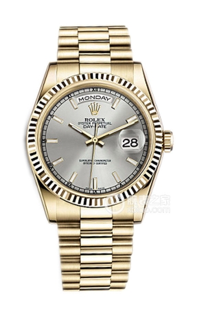 Rolex Day-Date 118238 Silver Plate Automatic mechanical movement, 18k gold, triangular fluted outer ring, 36mm