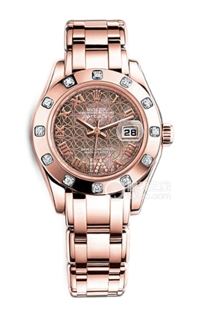 Rolex Pearlmaster 80315 Black Pearl Lotus Pattern Dial Automatic mechanical design, 18k rose gold set with diamonds, outer ring also set with diamonds, 29mm.