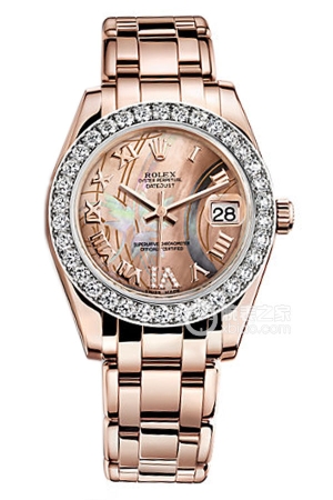 Rolex Pearlmaster 81285 Gold Enameled Mother-of-Pearl Iridescent Automatic mechanical movement, 18K rose gold; Oyster case (middle case cast from a single block of metal, screw-down case back and winding crown); 34mm