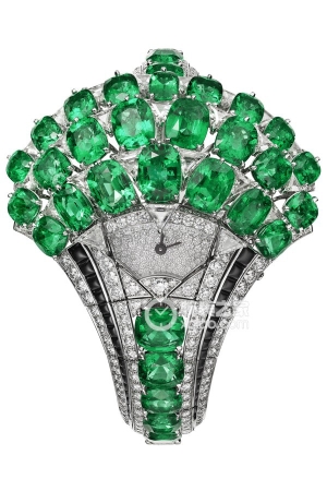 Cartier High Jewelry Watch HPI01110 Manual mechanical movement, 18K white gold, 32 cushion-cut Zambian emeralds, total weight 38.