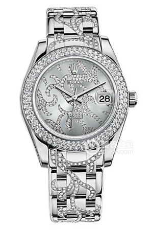 Rolex PEARLMASTER 81339 Rhodium White Vine Pattern Dial with Diamonds Automatic mechanical, 18k white gold set with diamonds, 34mm