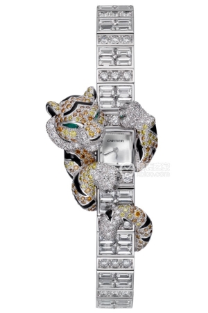 Cartier Creative Gemstone Watch HPI00926 Manual winding mechanism, 18K rhodium-plated white gold case and bracelet, set with 68 trapezoidal-cut diamonds, totaling 8
