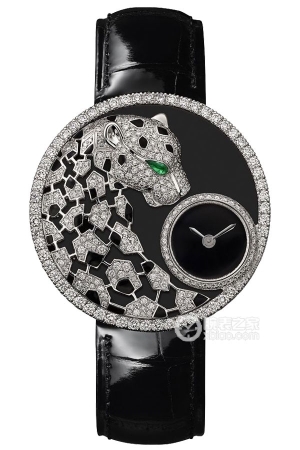 Cartier PanthÈRE DENTELLE Panther-shaped Watch Quartz, 18k white gold, set with diamonds, emerald panther eyes, black lacquer panther spots, 480 diamonds.