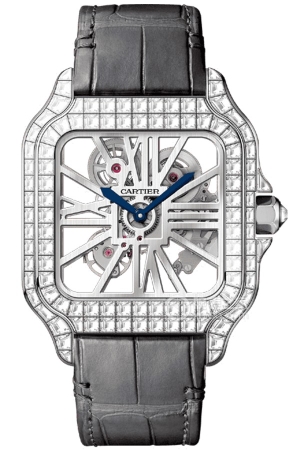 Cartier Santos de Cartier Manual mechanism, 18k rhodium-plated white gold, set with 126 baguette-cut diamonds, total weight 5.47.5 × 37.7 mm.