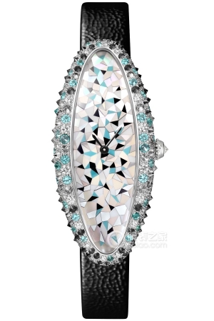 Cartier bathtub HPI01562 18k rhodium-plated white gold set with blue tourmaline, grey and black spinel, 47 x 20.72mm