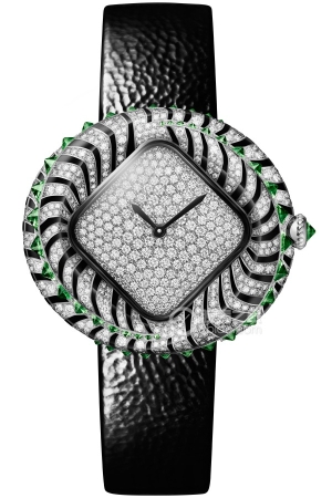 Cartier HPI01617 Quartz, 18k rhodium-plated white gold, set with 440 brilliant-cut round diamonds and 44 tsavorite stones, black lacquer pattern, 34.29 x 38.85mm