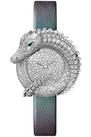 Cartier HPI01611 Quartz, 18k rhodium-plated white gold, set with 447 brilliant-cut round diamonds, cabochon emerald eye, 34.5 x 33.3mm